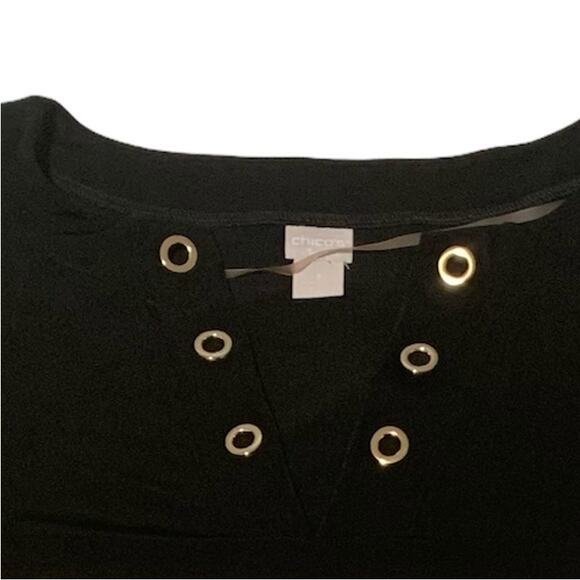 CHICO'S Travelers Top Sz 3 16 / 18 Grommets Black Slinky Split-Neck 3/4 Sleeves - Picture 3 of 8